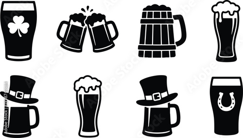 St patrick's day silhouette beer icons set with hats and symbols