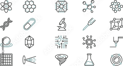 Essential vector icons depicting science, technology, chemistry, biology, and engineering concepts clearly.