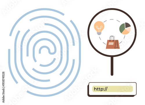 Cybersecurity, online identity, internet search, business innovation, e-commerce, data analysis. A fingerprint security while a magnifying glass points to business icons. Cybersecurity and online