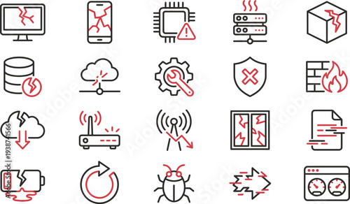 Collection of technology icons representing various hardware and software system failures or problems
