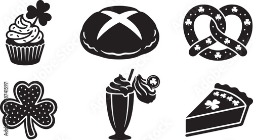 St patrick's day silhouette icons set cupcake bread pretzel shamrock milkshake pie