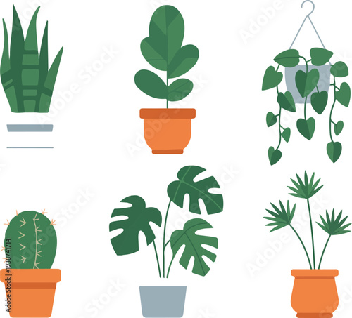 Minimal indoor houseplant collection with snake plant monstera cactus palm and fiddle leaf fig vector illustration