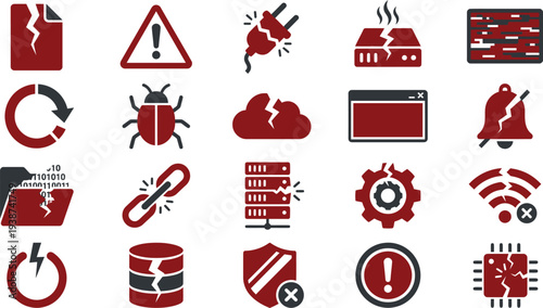 A collection of numerous flat red and gray icons representing various system errors, warnings, and failures.
