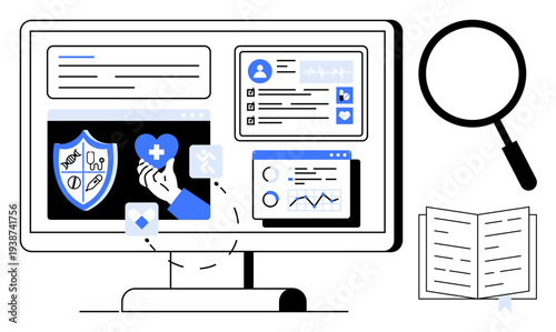 Digital health interface. Digital health systems combining patient management, data analytics, and research methods to improve medical care. Useful for healthcare, tech, education, research