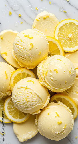Top view of fresh yellow lemon sorbet ice cream scoops with citrus slices and zest