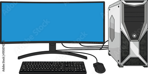 Desktop computer setup with monitor system unit keyboard and mouse modern technology workspace equipment vector illustration isolated on white background