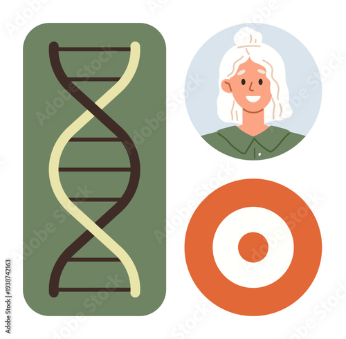 Genetics, personal health, identity, personalization, data analysis, biotechnology. Includes a DNA strand, smiling woman icon and orange target symbol. Genetics and personal health concept