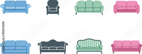 Colorful sofa and couch furniture collection for home interior living room design vector illustration set
