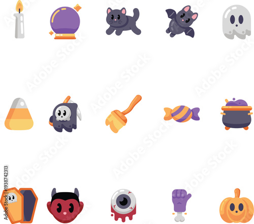Cute Flat Halloween Icon Set, Set of Cute Flat Halloween Character and Object Icons Vector Illustration