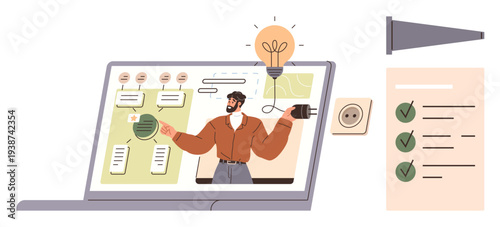 Online education, creativity, productivity, virtual learning, brainstorming, innovation. A person presenting on a laptop screen with idea-related visuals and notes. Online education and creativity