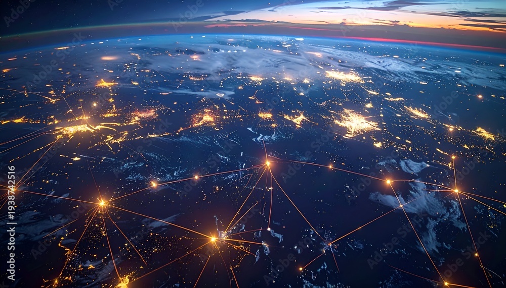 Obraz premium Earth from space with glowing network connections over cities.