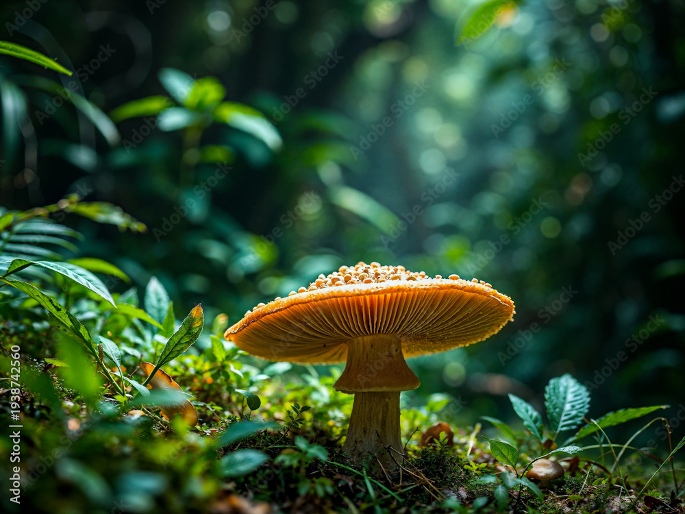 Fototapeta premium Enchanting Mushroom Forest Floor Macro Orange Fungi Mossy Woods
