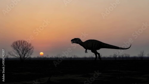 Dinosaur silhouette walking in prehistoric landscape at sunset. Ancient jurassic world with a rex like creature moving.