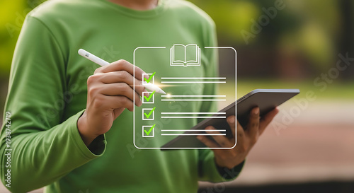 Person Completing Digital Checklist on Tablet for E-learning Assessment and Online Survey in a Modern Educational Setting