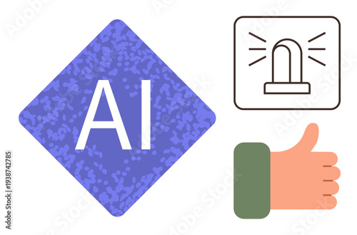 Artificial intelligence, decision-making, automation, safety signals, approval systems, technology dynamics. AI symbol, alarm icon and thumbs-up graphic. Artificial intelligence and decision-making