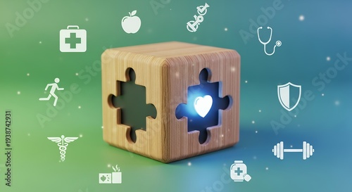 A glowing heart in a puzzle block represents holistic health and wellness.