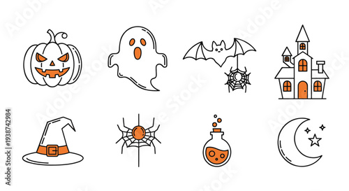 Halloween Icon Set With Pumpkin Jack-O'-Lantern Ghost Bat Haunted House Witch Hat And Potion