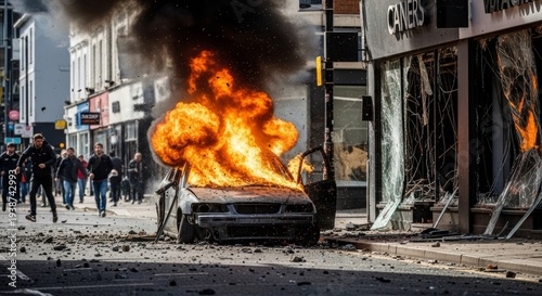 A burning car engulfed in flames stands on a city street surrounded by people amidst destruction and debris near damaged buildings and shops