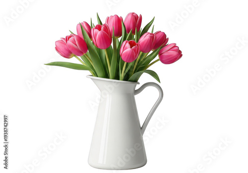 A white vase filled with pink tulips on a white background isolated on transparent background