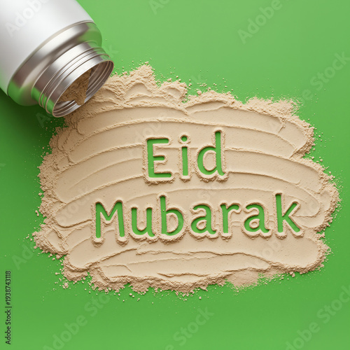Protein supplement powder spilled on green background forming the words Eid Mubarak