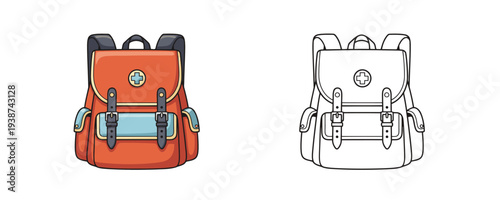 First aid medical backpack illustration in orange and blue colors with black straps and cross representing emergency rescue equipment isolated on white background