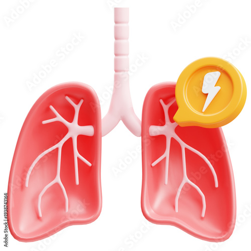3D medical illustration of human lungs featuring an energetic warning symbol, representing respiratory health concerns, lung problems, or a critical pulmonary function alert