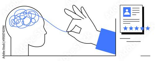 Line art hand untangling brain representing problem-solving, cognitive clarity, and evaluation, paired with profile and rating card. Ideal for mental health, hiring processes, self-development