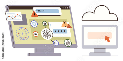 Cybersecurity, online fraud, data breaches, phishing, cloud computing, digital awareness. Monitor screen with icons of warnings, login forms and security symbols. Cybersecurity and online fraud