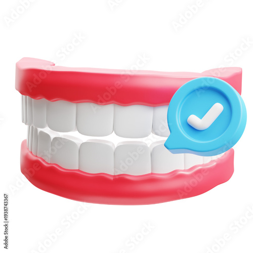 3D representation of dentures with a checkmark icon signifying approval or good oral health. A conceptual image for dental care and prosthetics