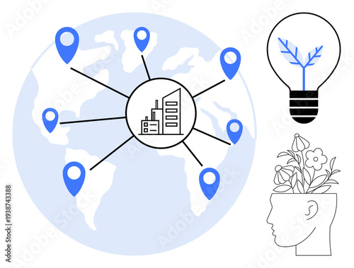 Business network connecting global locations, light bulb with a growing plant, head with flourishing flowers. Ideal for global collaboration, sustainability, innovation, creativity, growth