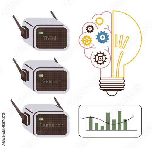 Artificial intelligence, innovation, data analysis, technological research, process optimization, creative thinking. Light bulb with gears, bar graph, AI devices labeled Think Search Research