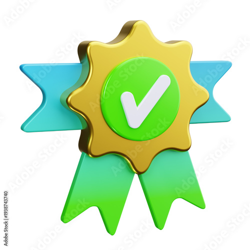 Vibrant 3D rendered golden award badge with a bright green checkmark, symbolizing assured quality, verified success, excellent achievement, and top-tier performance recognition