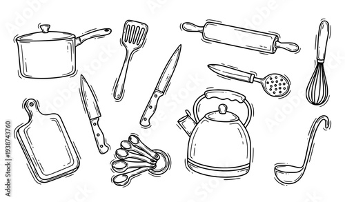 Hand Drawn Kitchen Tools Doodle Set, Cooking Utensils Sketch Collection Vector Illustration