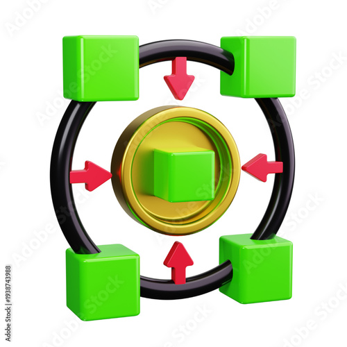 Decentralized blockchain network architecture with golden coin and red arrows indicating data flow and consensus mechanism