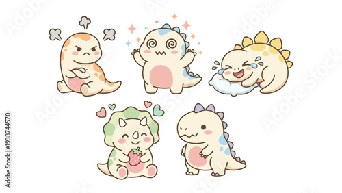 Five Cute Kawaii Cartoon Dinosaur Characters Showing Emotions
