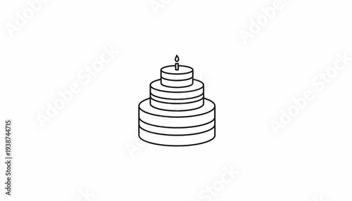Simple line drawing of a three-tiered birthday cake with a single lit candle on top, isolated on white background.