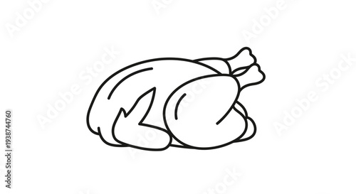 Simple Line Drawing of a Whole Roasted Chicken, Isolated on White Background