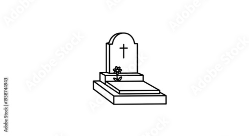 Simple Line Drawing of a Gravestone with a Cross and Flower