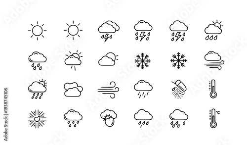 Minimal weather thin line icon set with sunny rainy cloudy and thermometer symbols