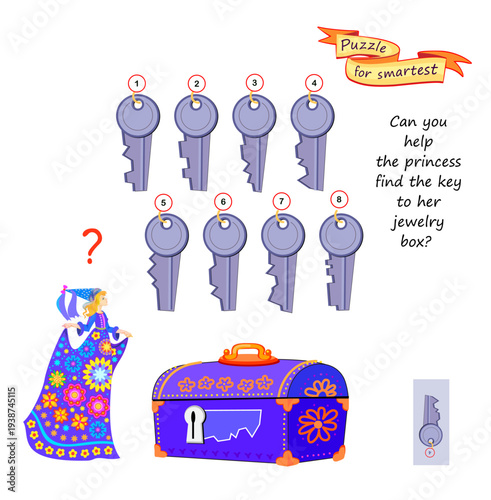 Can you help the princess find the key to her jewelry box? Search and find game. Logic puzzle for children and adults. Develop spatial thinking. Printable page for brain teaser book. Hand drawn vector