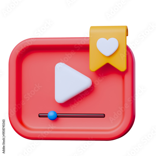 3D rendered icon representing a video player interface with a bookmark icon