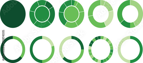 Green Donut Chart and Pie Graph Set with Circular Data Visualization Elements for Business Analytics Dashboard Report and Infographic Design