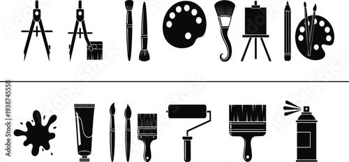 Art and Painting Tools Icon Set with Brushes, Palette, Easel, Spray Paint, Roller, Compass, and Creative Artist Equipment Silhouettes for Design Projects