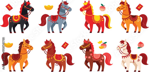 Chinese Zodiac Horse Character Set with Traditional Festive Decorations, Lucky Gold Ingot, Red Envelopes and Cute Lunar New Year Horse Illustrations