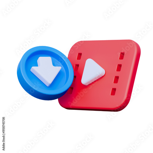 3D render of a red play button and a blue download icon, representing video download and playback functions