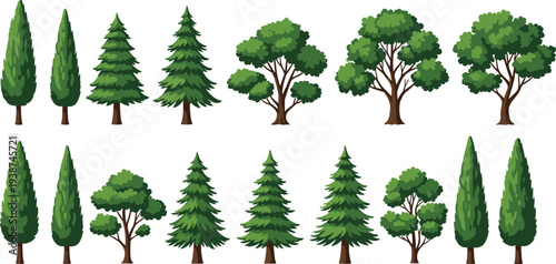 Collection of Green Trees Vector Set Featuring Pine, Fir, Cypress, and Leafy Forest Trees for Landscape Design, Nature Illustrations, and Environmental Graphics