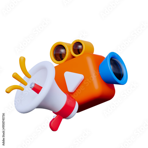 3D render of a vintage video camera with a megaphone, symbolizing content creation and broadcasting online