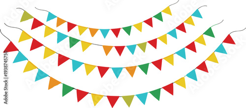 Colorful Triangle Bunting Flags Garland Decoration for Party, Festival, Birthday Celebration, Carnival Event Banner with Hanging Pennant Flags Vector Illustration