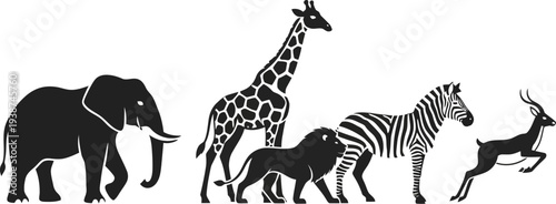 Zoo Animal Silhouette Collection with Lion Elephant Giraffe Panda and Kangaroo Minimal Wildlife Vector Illustration Set Isolated on White Background