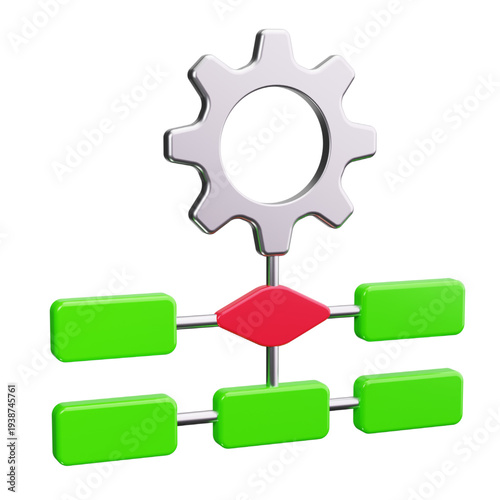 3D flowchart with gear symbolizing a business process, project planning, and workflow organization